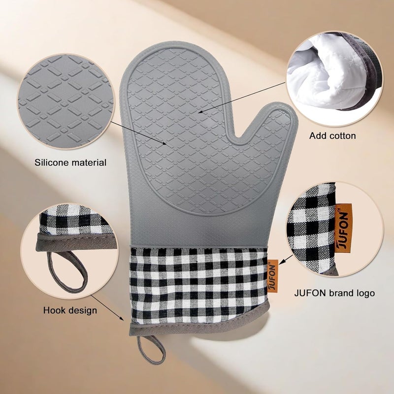 JUFON Silicone Oven Mitts,Silicone Oven Gloves Set,Oven Gloves with Quilted Liner for Kitchen Cooking Baking Grilling,Gloves for Home Kitchen Camping Microwave ovenUse,Gray (Set of 4) - Image 4